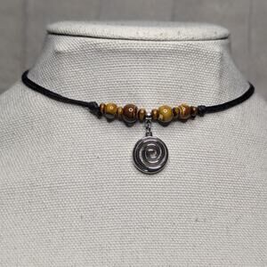 Swirl Spiral Charm Brown Ceramic Wooden Beaded Boho Whimsical Choker Necklace